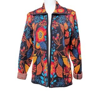 Tey Art Womens Alpaca Floral Knit Cardigan Sweater Open Front Black Orange M